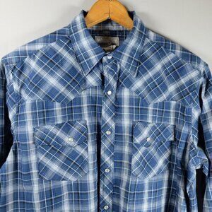 Wrangler Shirt Men Large Blue Plaid Pearl Snap Western Long Sleeve Rodeo Cowboy